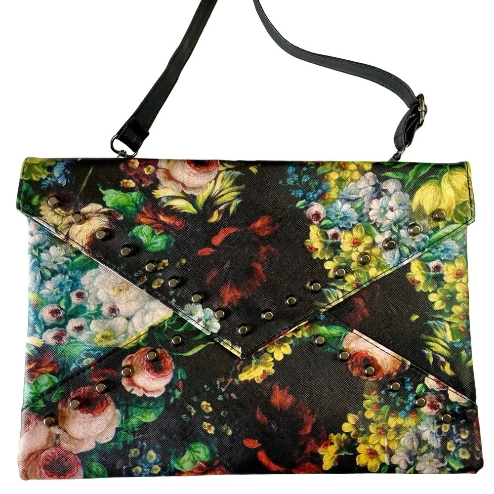 Floral Retro Faux Leather 13 inch Studded Envelope Clutch Detachable Strap